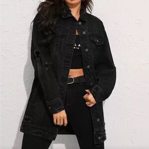 Forever 21 Black Distressed Oversized Denim Jacket